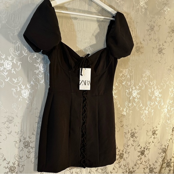 ZARA Black Puff Sleeve Corset Tie Criss Cross Mini Dress Cocktail MEDIUM NWT - Picture 6 of 11